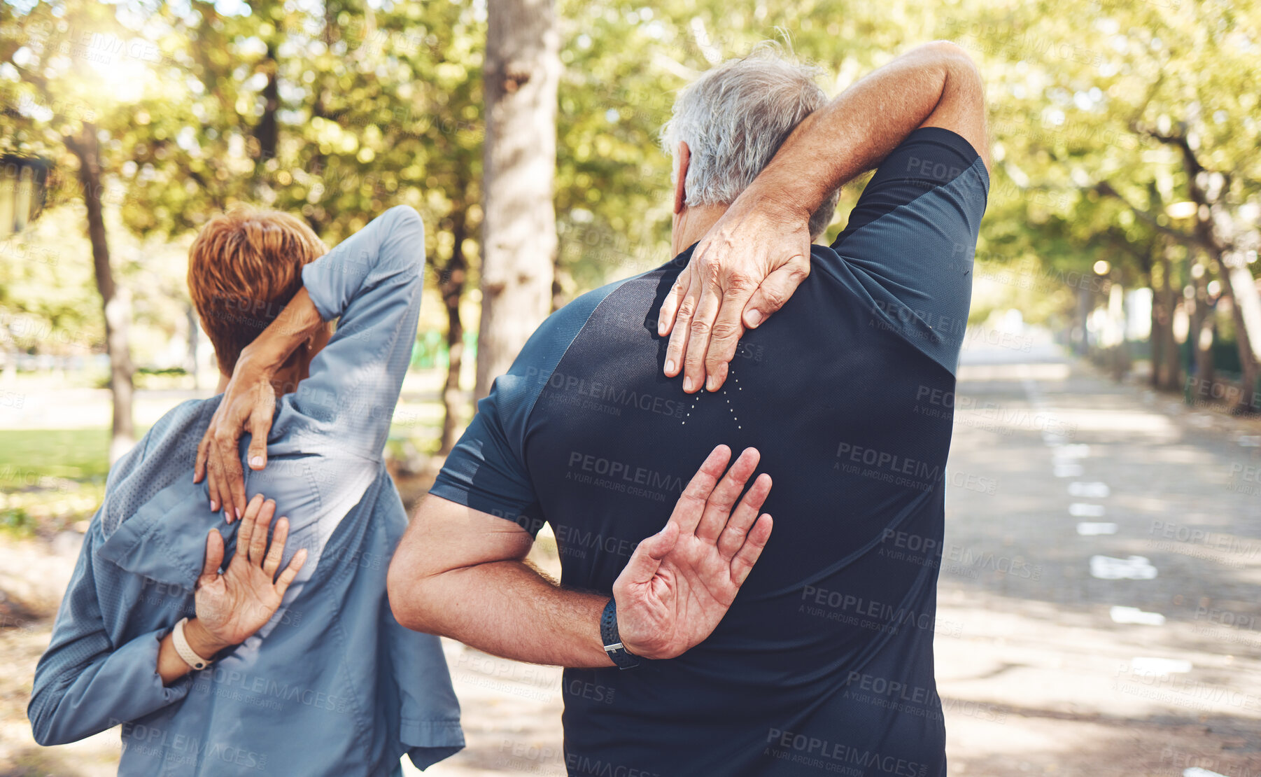 Buy stock photo Back, couple and stretching outdoor exercise, fitness and training for wellness, health and bonding. Sports, man and woman in nature, workout and practice for healthcare, balance and relax together.