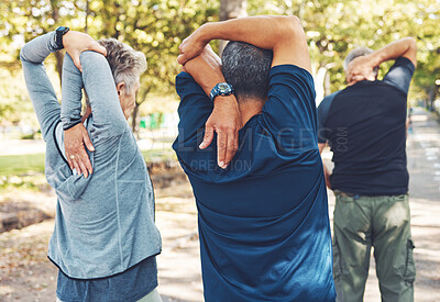 Buy stock photo Fitness, nature and senior people doing stretching exercise before cardio training in a park. Health, wellness and active group of elderly friends in retirement doing arm warm up for outdoor workout.