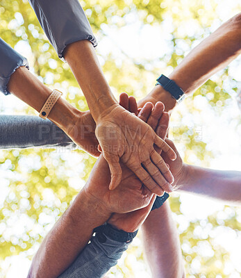 Buy stock photo Hands, together and support with solidarity outdoor and group, diversity and team building in nature. Trust, respect and mission with community and hand stack low angle, collaboration and motivation.