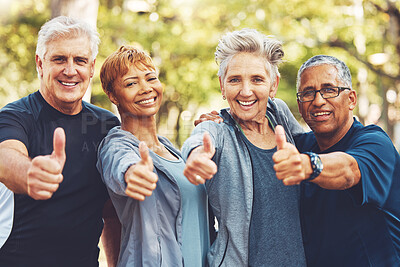 Buy stock photo Senior fitness group, thumbs up and portrait with smile, diversity and happiness in park for wellness. Happy workout friends, retirement and hand gesture for motivation, teamwork and focus for health