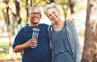 Buy stock photo Portrait, exercise and senior couple with water bottle for training, workout and park. Mature man, old woman and hydration for practice, cardio and energy for wellness, health and fitness in nature