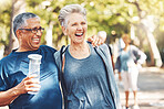Fitness, funny or old couple of friends in nature laughing at a joke after training, walking or workout. Comic, support or happy senior woman bonding with elderly partner in interracial marriage 
