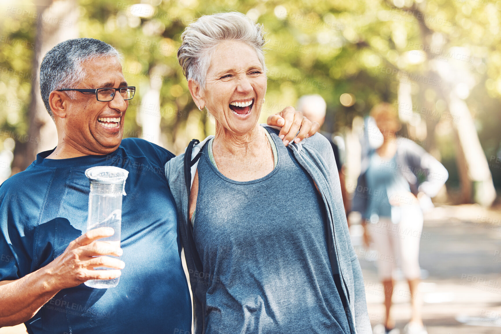Buy stock photo Fitness, funny or old couple of friends in nature laughing at a joke after training, walking or workout. Comic, support or happy senior woman bonding with elderly partner in interracial marriage 