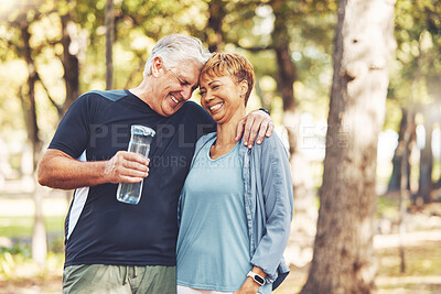 Fitness, funny or old couple of friends in nature laughing at a joke after  training, walking or workout. Comic, support or happy senior woman bonding  with elderly partner in interracial marriage |