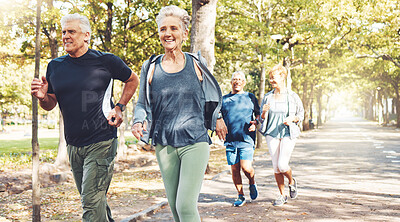 Buy stock photo Senior runner group, park and fitness for smile, teamwork or motivation for wellness in summer sunshine. Happy elderly couple, friends or running team by trees for exercise, health or outdoor workout