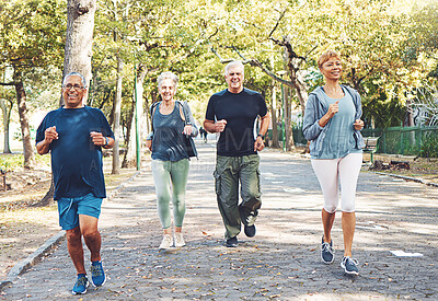 Buy stock photo Fitness, running and senior people in park for healthy lifestyle, body wellness and cardio wellbeing. Sports, retirement and group of elderly men and women workout, exercise and training in nature