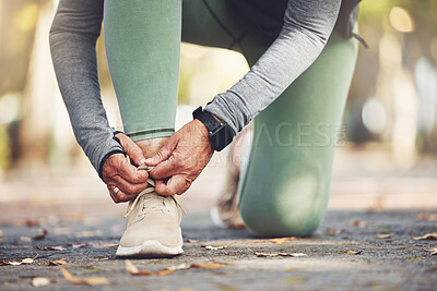 Buy stock photo Elderly runner, hands and shoes for running, fitness in the park with exercise and start run with vitality. Body training, cardio and footwear, active lifestyle and sport outdoor with senior athlete