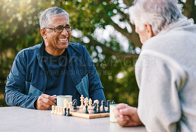 Buy stock photo Chess, nature and retirement with senior friends playing a boardgame while bonding outdoor during summer. Park, strategy and game with a mature man and friend thinking about the mental challenge