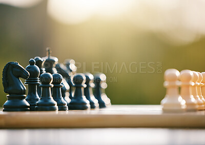 Buy stock photo Game, smart and chess sport in nature for a challenge, strategy and brain competition in Ireland. Battle, match and board for games, strategic fun and tactics in a park or field for logic play