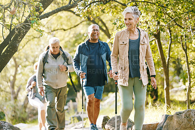 Buy stock photo Hiking, elderly and people, happy outdoor with nature, fitness and fun in park, exercise group trekking in Boston. Diversity, friends and happiness with hike, active lifestyle motivation and senior.