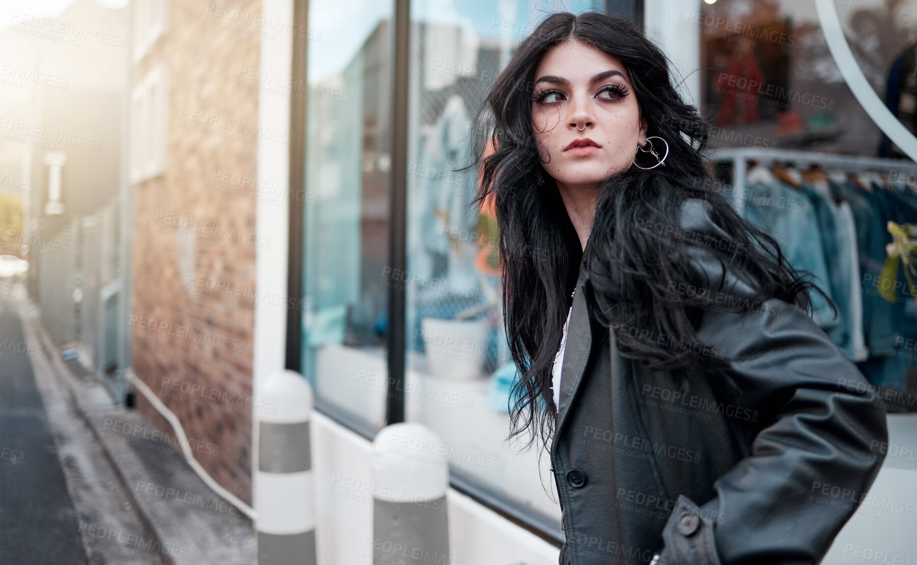 Buy stock photo Urban fashion, style and a woman on the street at shop window, punk streetwear outside designer boutique. Beauty, make up and gen z fashion model or rock influencer in the city at store window.