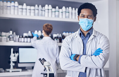 Buy stock photo Science, covid and portrait of man in laboratory, leadership and motivation in vaccine development in South Africa. Healthcare, phd scientist or black man pharmacist with innovation in lab research