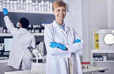 Buy stock photo Senior scientist, woman and portrait with smile in laboratory, science and medical innovation with research study. Pharmaceutical development, pharmacy and chemistry, female phd doctor and medicine.