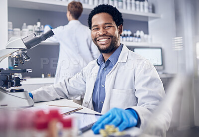 Buy stock photo Portrait, scientist or black man with research in laboratory, tablet or innovation for healthcare, online schedule or tech. African American male, researcher or digital planning for medical diagnosis