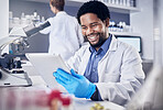 Scientist, research and black man with tablet, laboratory and innovation for healthcare, online schedule or tech. African American male, researcher and digital planning for medical diagnosis and cure