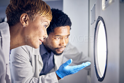 Buy stock photo Science, man and woman in laboratory, research and test sample for cure, vaccine or conversation. Researchers, scientist or staff talking, data analysist and check experiment for innovation or expert
