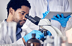 Black man, scientist and microscope with science research in laboratory, data analysis and expert with scientific or medical innovation. Phd doctor, face and biotechnology, chemistry and study in lab