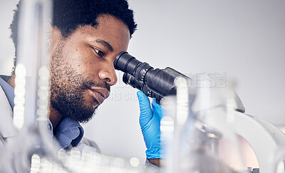 Buy stock photo Black man, scientist and microscope with science research in laboratory, data analysis and expert with scientific or medical innovation. Phd doctor, face and biotechnology, chemistry and study in lab