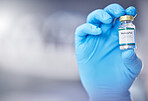 Innovation, healthcare or hand with vaccine, medicine or product in bottle with a blurry or blurred background. Monkey pox, doctor or scientist working on medical cure or lab drugs in safety gloves