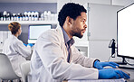 African scientist man, green screen and computer in research, reading or focus for goals in lab. Black man, science or laboratory with blank desktop pc for vision, healthcare or pharmaceutical mockup