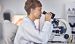 Science, laboratory and black woman with microscope, research for vaccine development. Healthcare, medical innovation and senior scientist woman in hospital lab looking at pharmaceutical test results