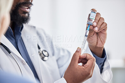 Buy stock photo Doctor, hands and bottle for vaccine in lab to stop virus bacteria and cure for covid for healthcare. Doctors, teamwork and research for covid 19 in laboratory with syringe, pharma or liquid drugs