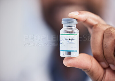 Buy stock photo Monkeypox vaccine, healthcare and hands of doctor nurse with medicine bottle, vial or booster for disease protection. Hospital science lab, pharmacist or pharmacy black man with medical virus support