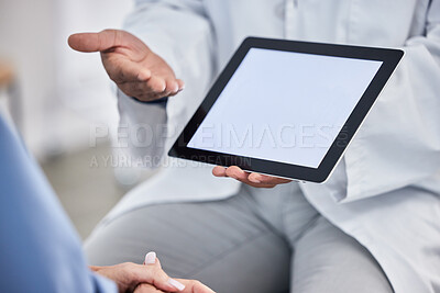 Buy stock photo Health mockup with tablet, doctor and patient in consultation for healthcare, hands and communication with technology. Health insurance advertising with space, medical advice and help at hospital.