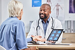Doctor, patient and black man with tablet, hospital and results for disease, explain procedure or healthcare. Medical professional, senior female and woman in office, cure or conversation for surgery