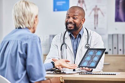 Buy stock photo Doctor, patient and black man with tablet, brain scan or results for disease, explain procedure or healthcare. Medical professional, senior female or woman in office, cure or conversation for surgery