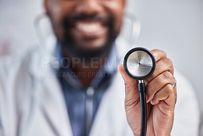 Buy stock photo Doctor, healthcare and closeup of stethoscope in hospital for a heart or lung consultation. Professional, cardiology and nurse with medical equipment to examine chest or breathing in medicare clinic.