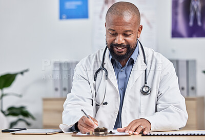 Buy stock photo Doctor, medical office and black man writing notes, form or life insurance paperwork for planning healthcare results. Mature expert, hospital report and documents of medicine, surgery or clinic admin