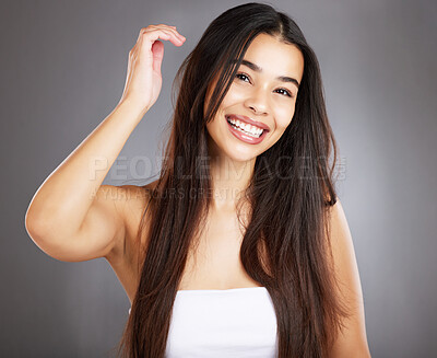 Buy stock photo Hair care woman, smile and studio portrait for healthy cosmetic treatment, style and happy by backdrop. Model, hair health and natural shine with self care, self love and glow by studio background
