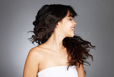 Buy stock photo Face profile, beauty and hair care of woman in studio on a gray background mockup. Skincare, makeup cosmetics and happy female model with long, beautiful and healthy hair after luxury salon treatment
