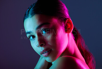 Buy stock photo Woman, makeup and skincare in dark studio for beauty, cosmetics or self love with light on face. Model, natural cosmetic glow or skin wellness portrait for self care, shine or health by background