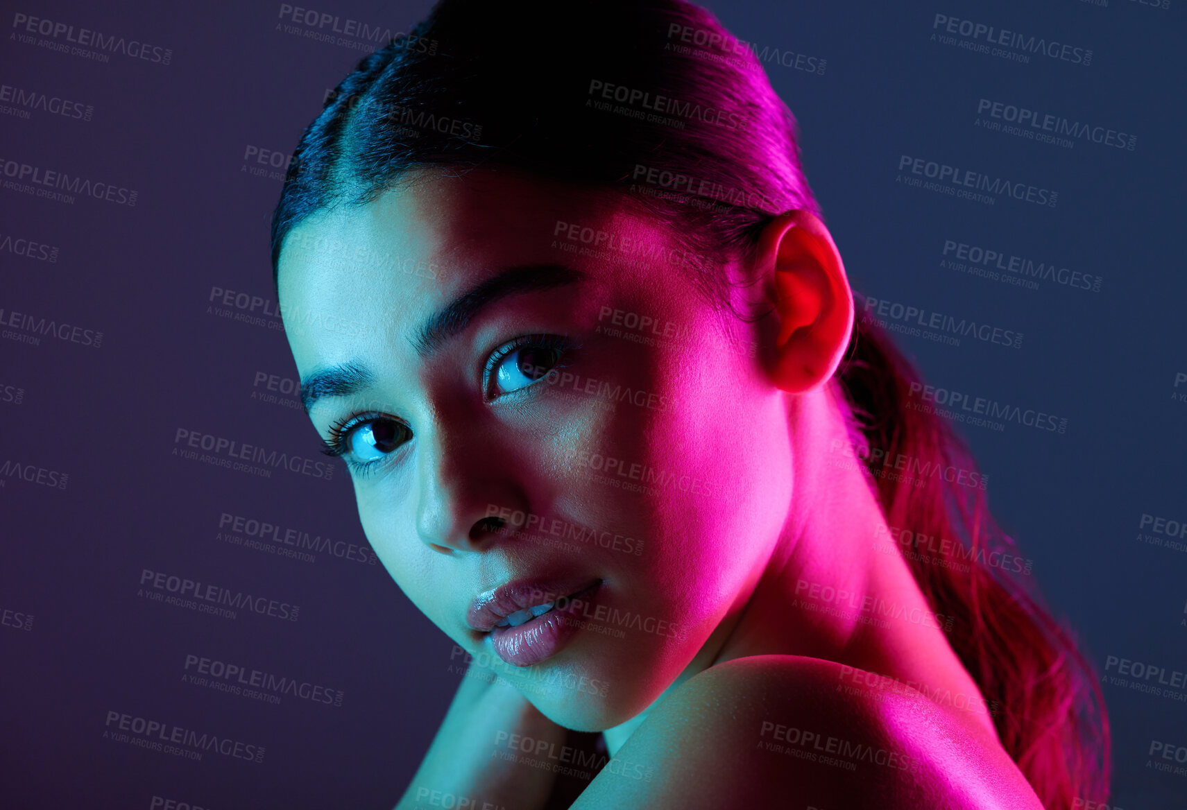Buy stock photo Woman, makeup and skincare in dark studio for beauty, cosmetics or self love with light on face. Model, natural cosmetic glow or skin wellness portrait for self care, shine or health by background