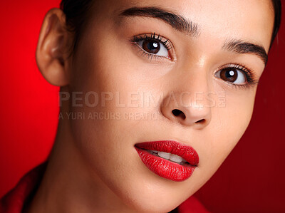 Buy stock photo Lipstick, portrait or woman with makeup for beauty or glowing skin with luxury cosmetics or products. Studio background, face or beautiful girl model marketing facial skincare for self care grooming