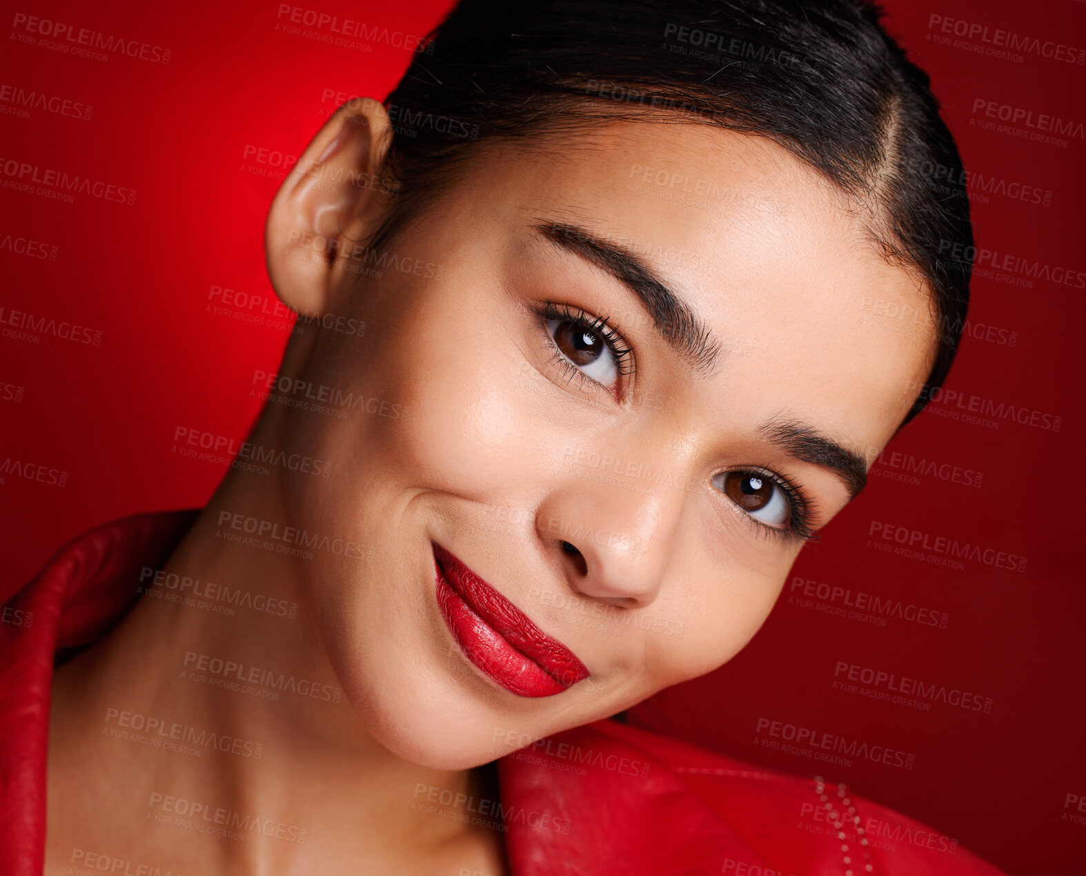 Buy stock photo Lipstick, portrait or woman with makeup for beauty or glowing skin with luxury cosmetics or products. Studio background, face or beautiful girl model marketing facial skincare for self care grooming