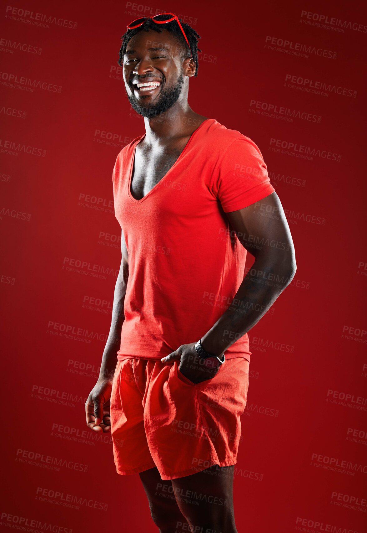 Buy stock photo Black man, studio portrait and sport clothes with smile, sunglasses or happiness by red background. Model, man and happy with summer fashion, beauty and sports style for health, self care or wellness