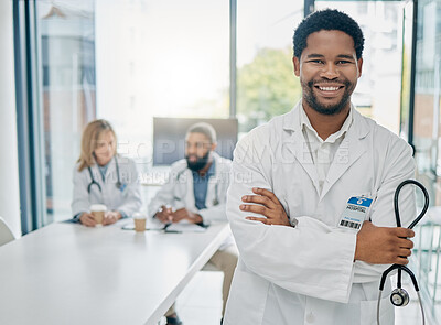 Buy stock photo Man, arms crossed or doctor meeting with stethoscope in life insurance planning, medical innovation goals or surgery target ideas. Portrait, smile or happy healthcare worker in teamwork collaboration