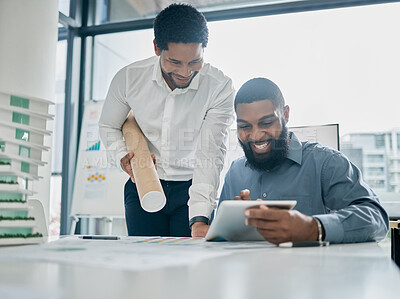Buy stock photo Tablet, architecture and collaboration with a business black man architect team working in their office. Building, design or teamwork with a male employee and colleague at work on a development model