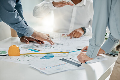 Buy stock photo Paperwork, office and team planning a project together in conference room with graphs, data and statistics. Teamwork, documents and group of people in collaboration working on a strategy in workplace