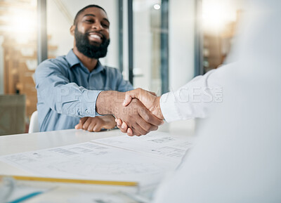 Buy stock photo Black man, handshake and architecture with architect hiring, job interview and onboarding, office and blueprint plan. Human resources, recruitment and partnership with deal, contract and thank you
