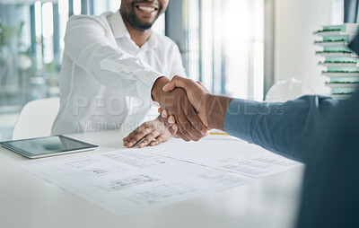 Buy stock photo Black man, shaking hands and architecture with architect hiring, interview and onboarding, office and blueprint plan. Human resources, recruitment and partnership with deal, contract and thank you