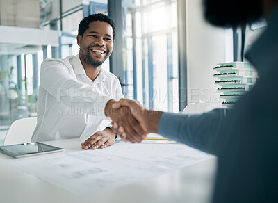Buy stock photo Black man, handshake and architecture with architect recruitment, job interview and onboarding, office and blueprint plan. Human resources, hiring and partnership with deal, contract and thank you