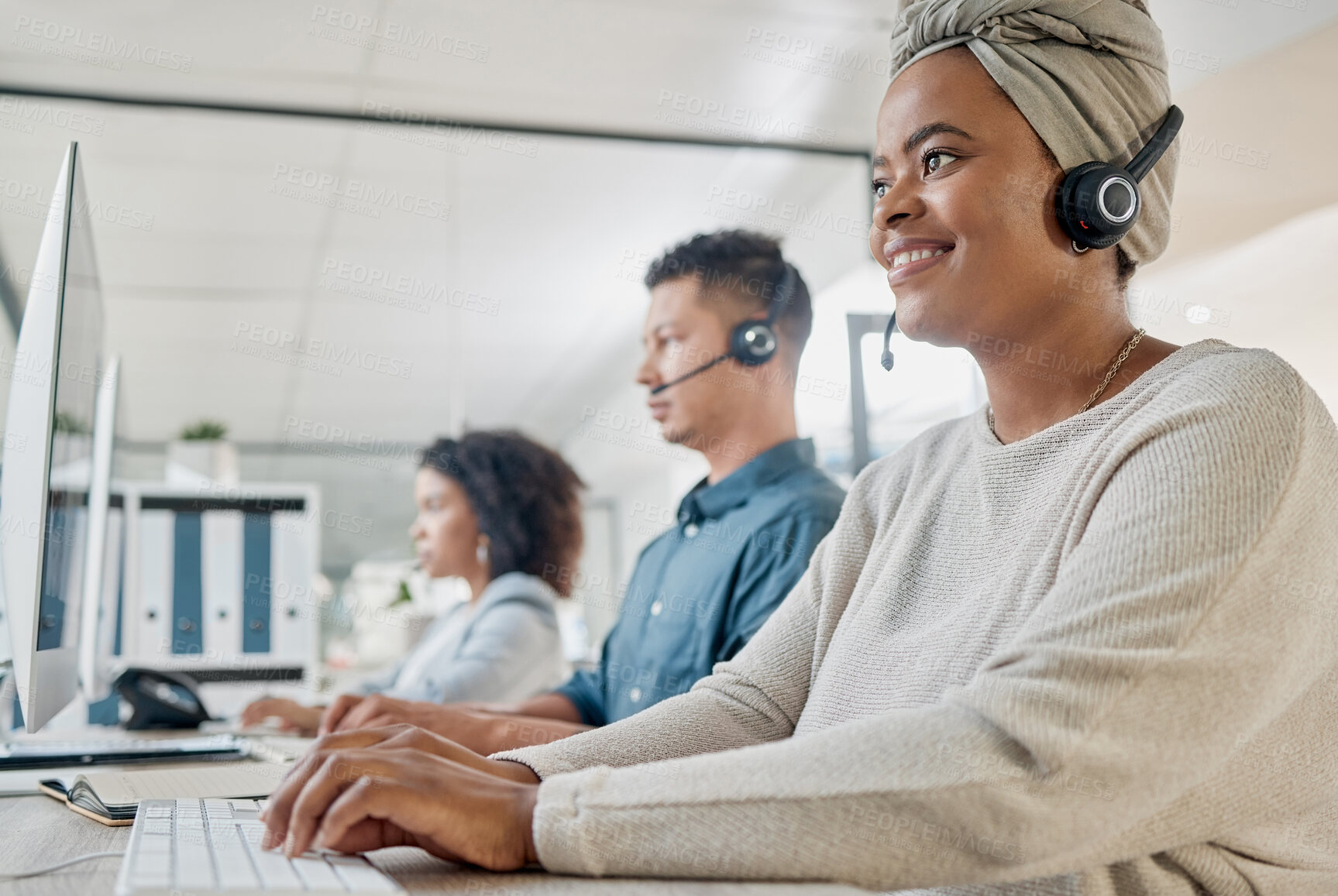 Buy stock photo Black woman, call center consultant and contact us with CRM and happy employee at desk with keyboard and computer. Communication in customer service or telemarketing with tech support and online.