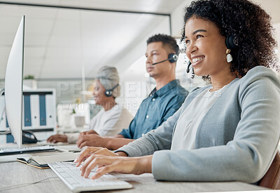 Buy stock photo Black woman, call center consultant and contact us with CRM and happy employee at desk with keyboard and computer. Communication in customer service or telemarketing with tech support and online.