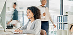 Black woman, call center and computer with CRM and contact us, phone call with customer service or telemarketing. Tech support, technology and office with communication and contact center employee.