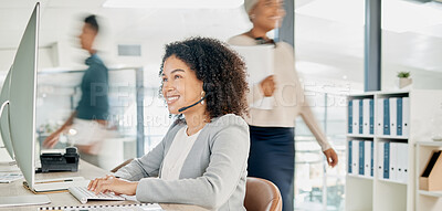 Buy stock photo Black woman, call center and computer with CRM and contact us, phone call with customer service or telemarketing. Tech support, technology and office with communication and contact center employee.