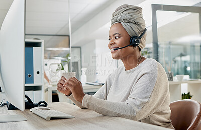 Buy stock photo Crm, contact us or black woman in call center at customer services for a communication or telemarketing agency. Computer, microphone or African consultant talking, helping or speaking at office desk